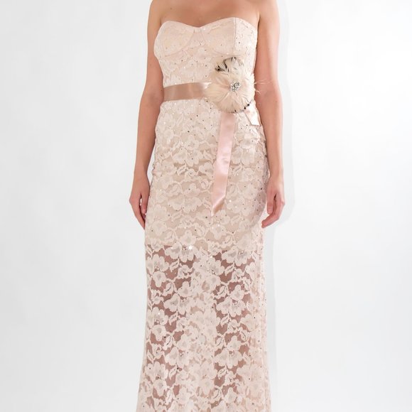 City Triangles Strapless Nude Floral Lace Floral Feather Ball Gown Dress XS - Picture 8 of 8